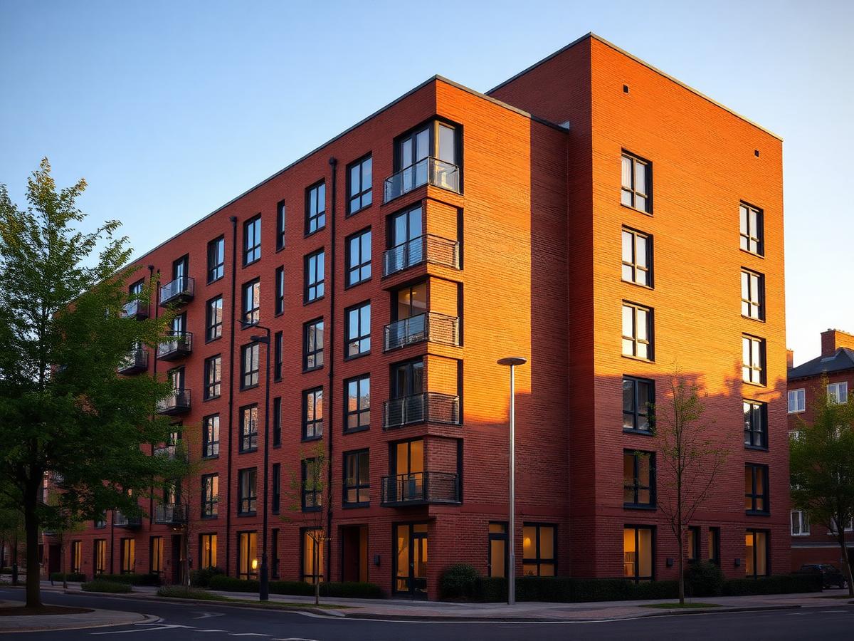 Apartment building in a northern English city at golden hour